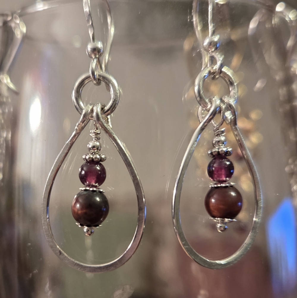Argentium Silver Teardrop Dangles With Red Tiger Eye And Rhodolite Garnet.
